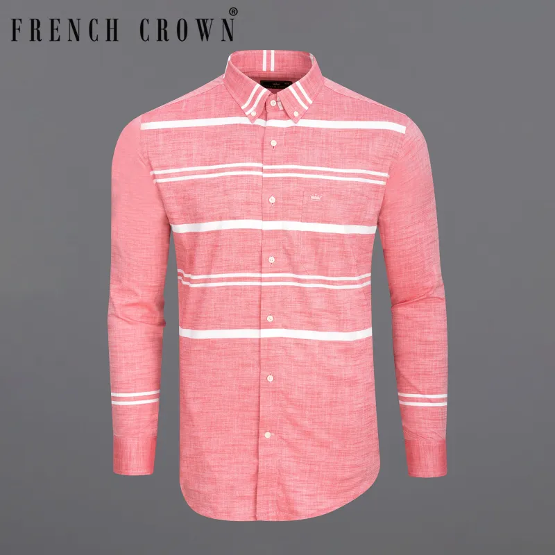 Salmon Pink and white Striped Chambray Shirt sold by French Crown