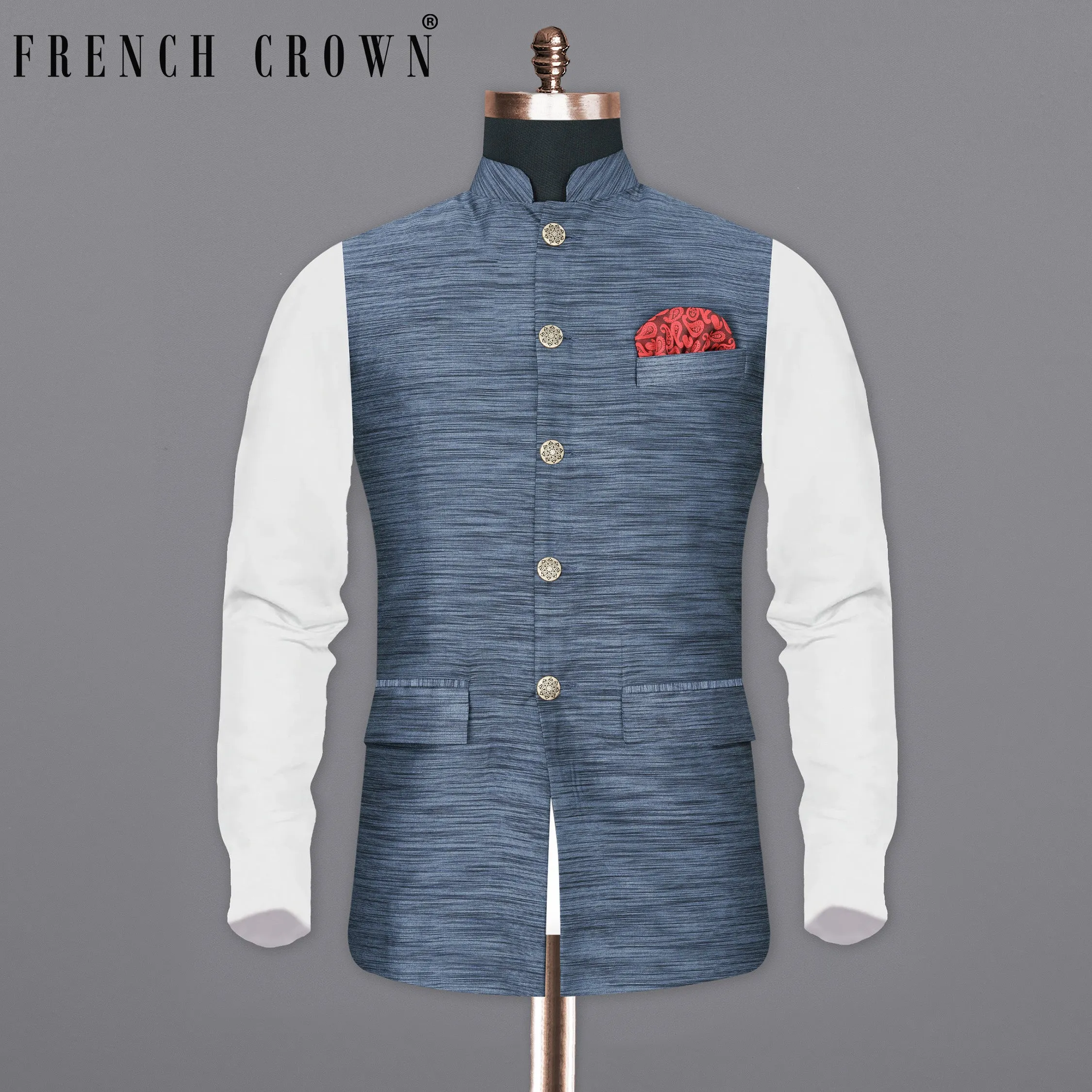 Lynch Blue Textured Nehru Jacket sold by French Crown