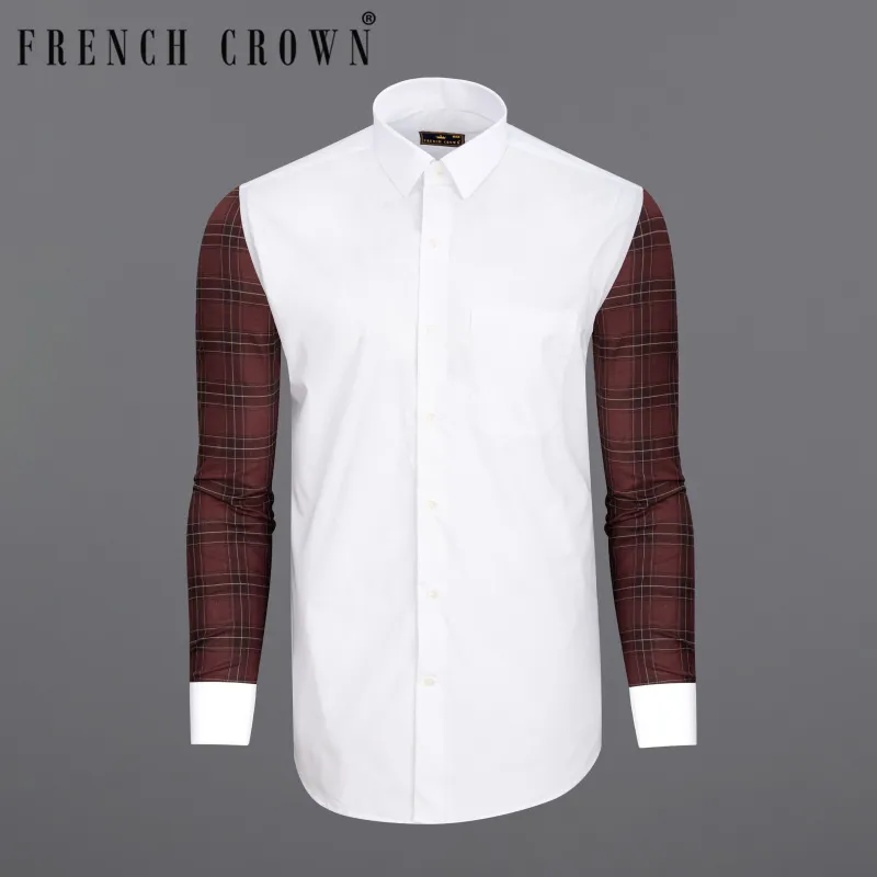 Bright White with Brown Plaid Sleeves Premium Cotton Shirt sold by French Crown