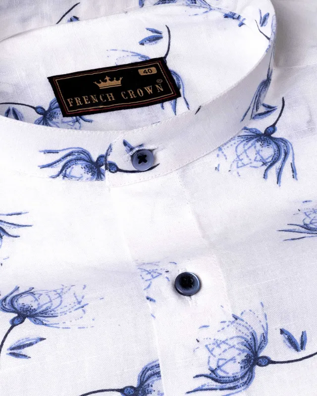 Milky White Floral Printed Luxurious Linen Shirt sold by French Crown