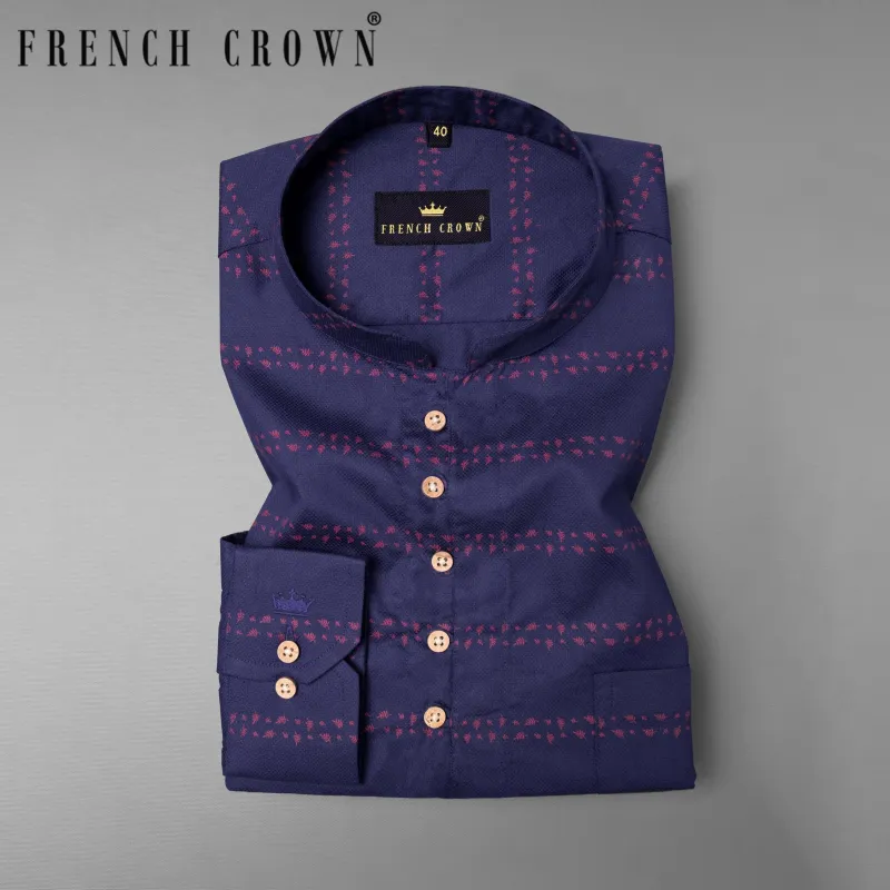 Cherry Pie Blue Leaves Striped Dobby Premium Giza Cotton Kurta Shirt sold by French Crown
