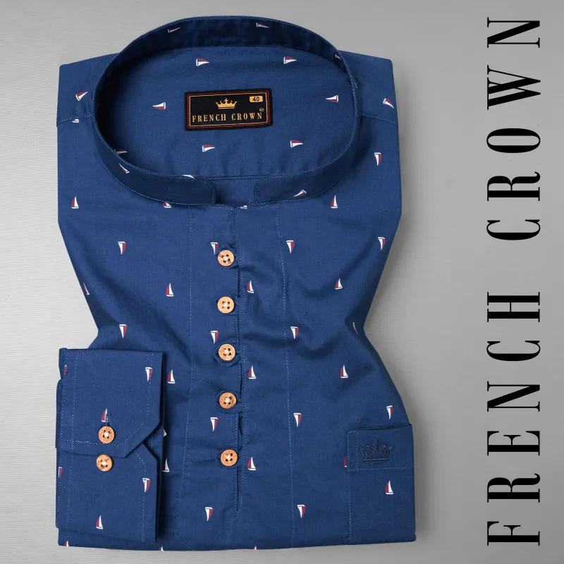 Cello Blue Boats Printed Premium Cotton Kurta Shirt sold by French Crown
