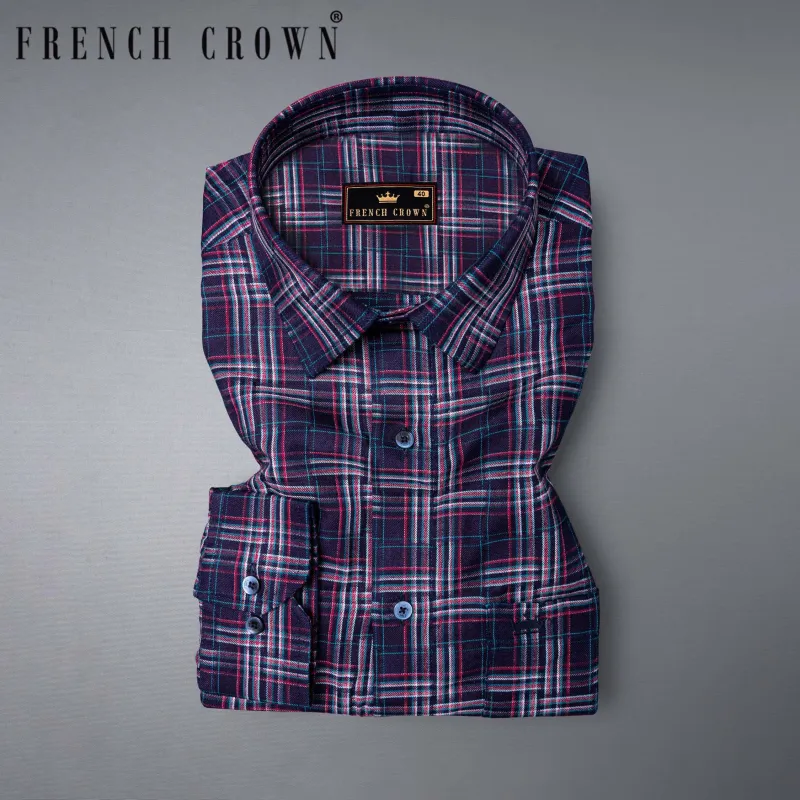 Pacific Blue and Lipstick Red Plaid Twill Textured Premium Cotton Shirt sold by French Crown