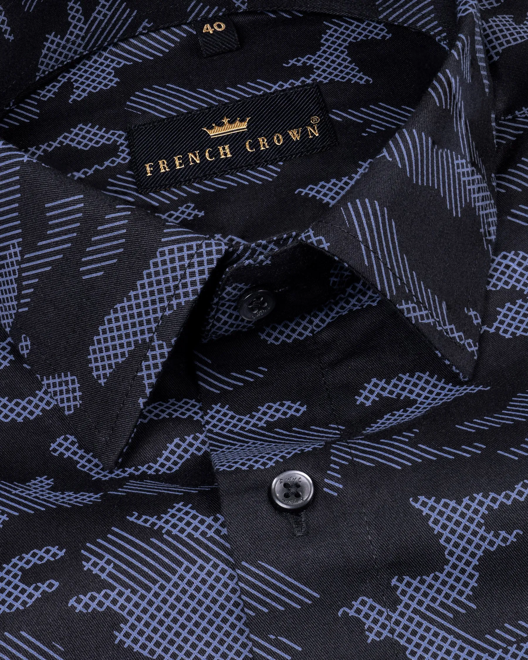 Cinder Black with Waikawa Blue Camo Printed Premium Satin Shirt sold by French Crown