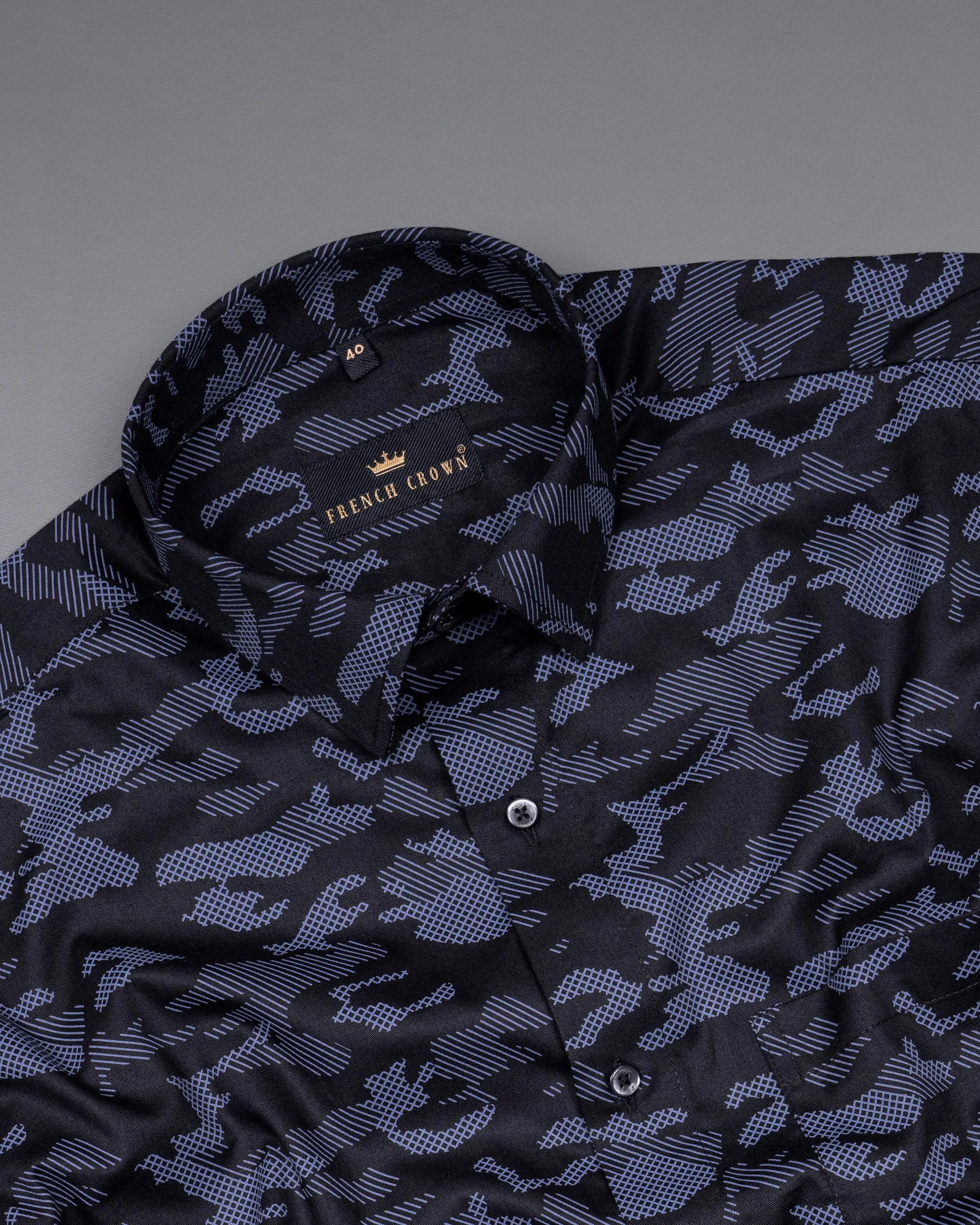 Cinder Black with Waikawa Blue Camo Printed Premium Satin Shirt sold by French Crown product image thumbnail 4