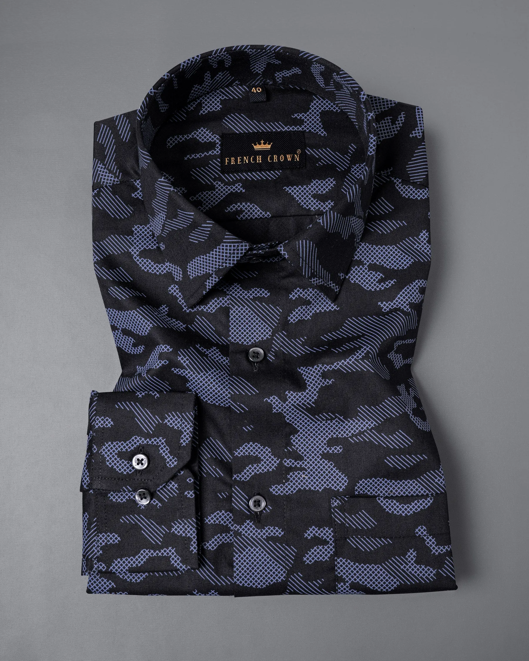 Cinder Black with Waikawa Blue Camo Printed Premium Satin Shirt sold by French Crown product image thumbnail 3