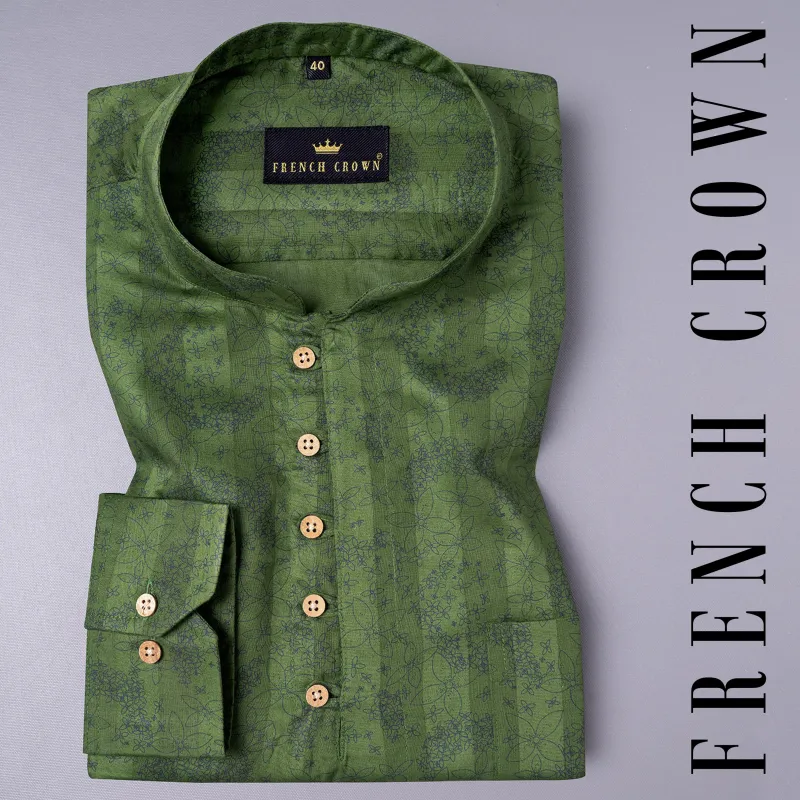 Green Floral Printed Dobby Textured Premium Giza Cotton Shirt sold by French Crown