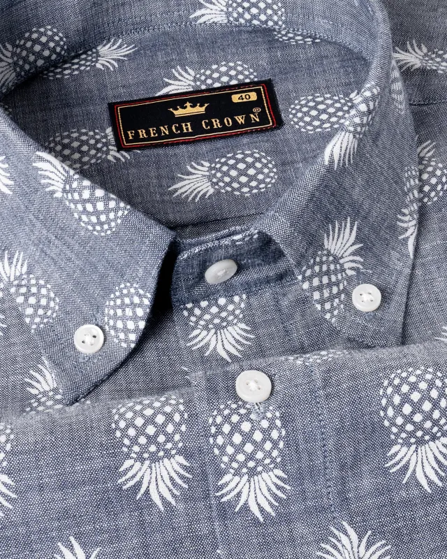 Denim Grey Pineapple Printed Chambray Premium Cotton Shirt sold by French Crown