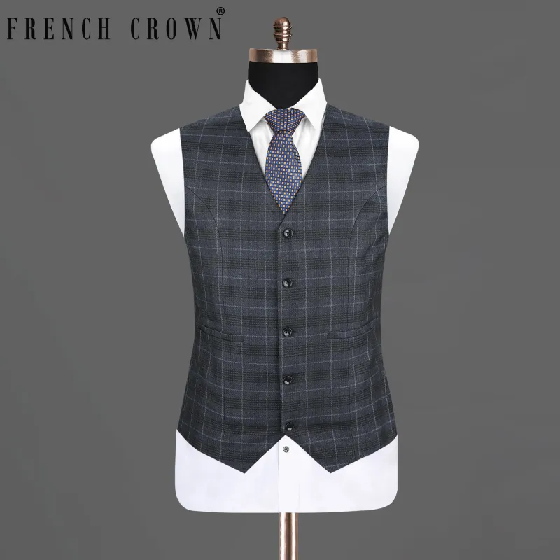 Tuna Blue Checked Luxurious Wool Rich Waistcoat sold by French Crown