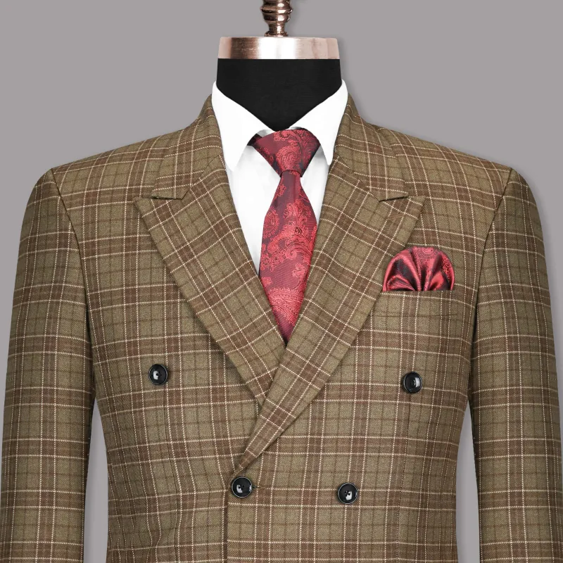 Shingle Fawn with Sand Dune Brown Twill Double-Breasted Plaid Blazer sold by French Crown