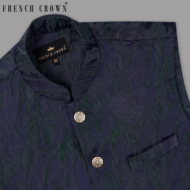 Ebony Clay-Plantation Green Jacquard Nehru jacket sold by French Crown