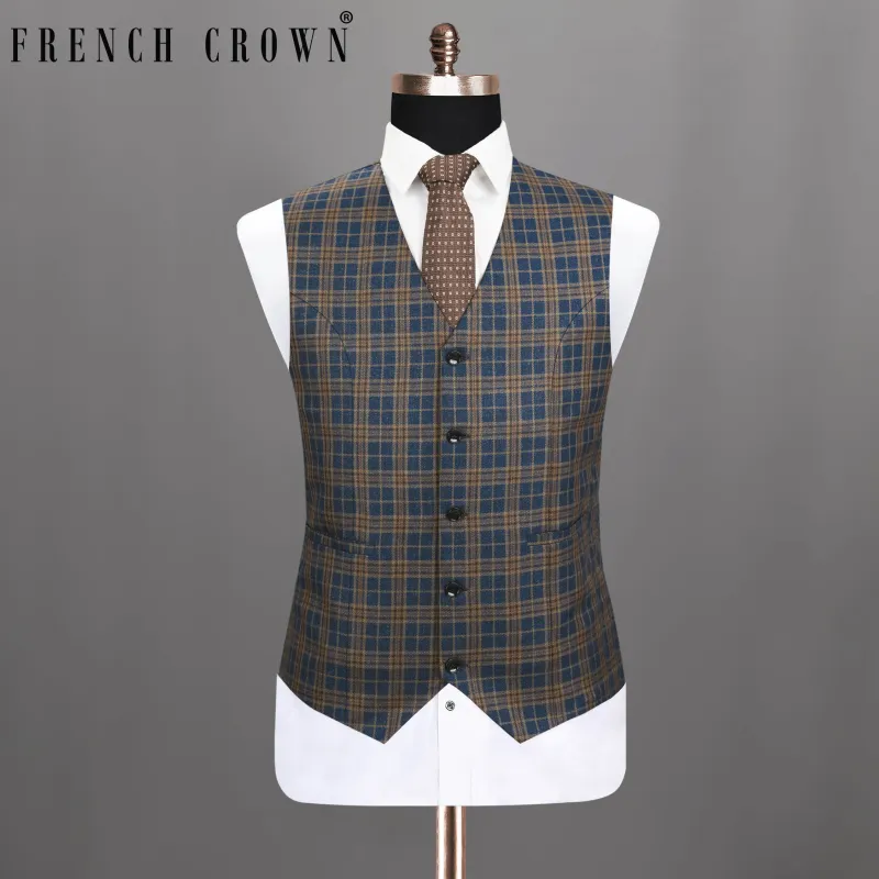 Cornflower Blue with Sandal Brown Plaid Wool Rich Waistcoat sold by French Crown
