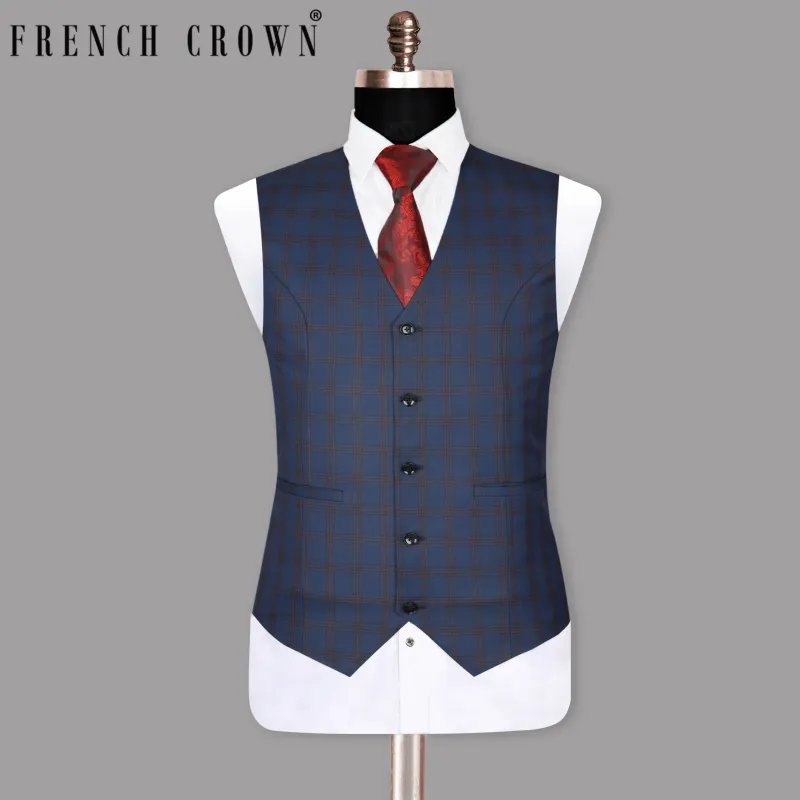 Space Blue with Russet Windowpane Premium Wool Rich Waistcoat sold by French Crown