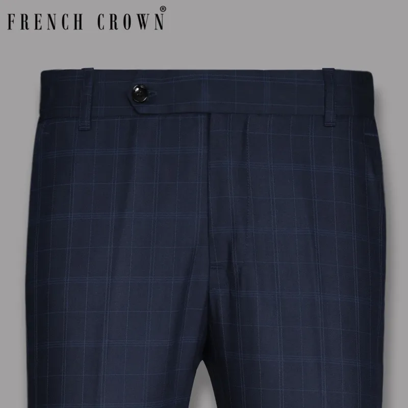 Navy Windowpane Wool Blend Pant sold by French Crown