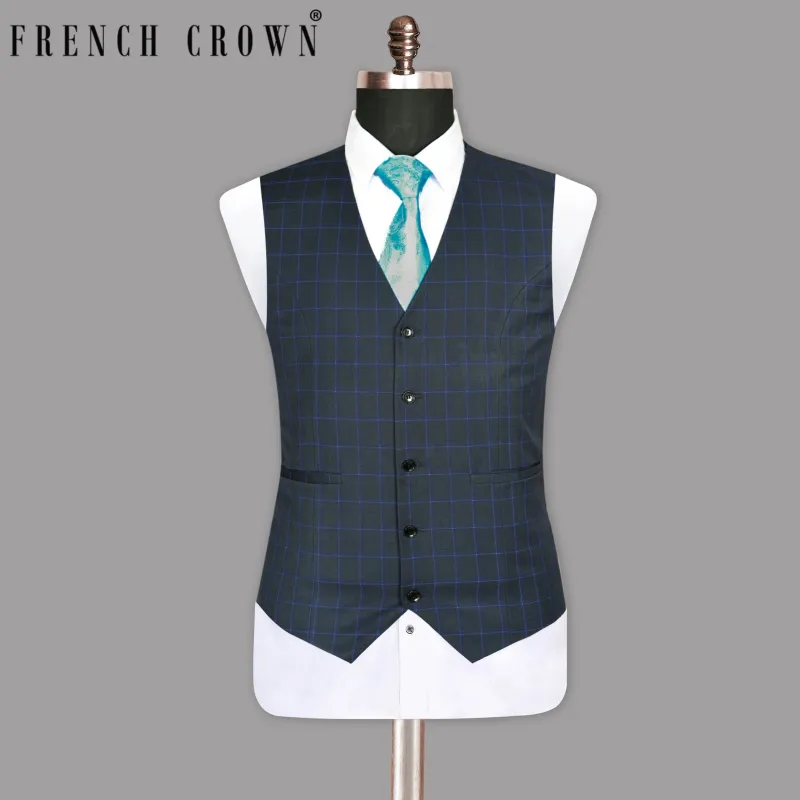 Charcoal with Blue Windowpane Wool Blend Waistcoat sold by French Crown