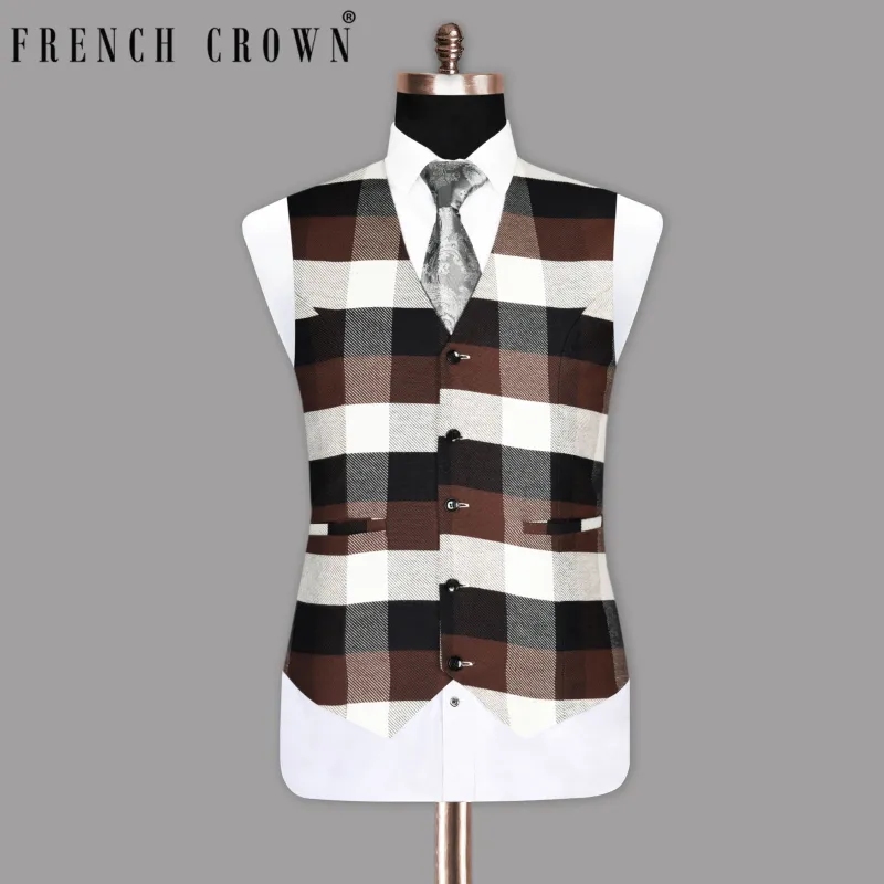 Brown with Black and Beige Checked Premium Cotton Waistcoat sold by French Crown