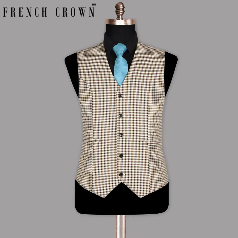 Beige with Brown Micro Checked Premium Cotton Waistcoat made by French Crown