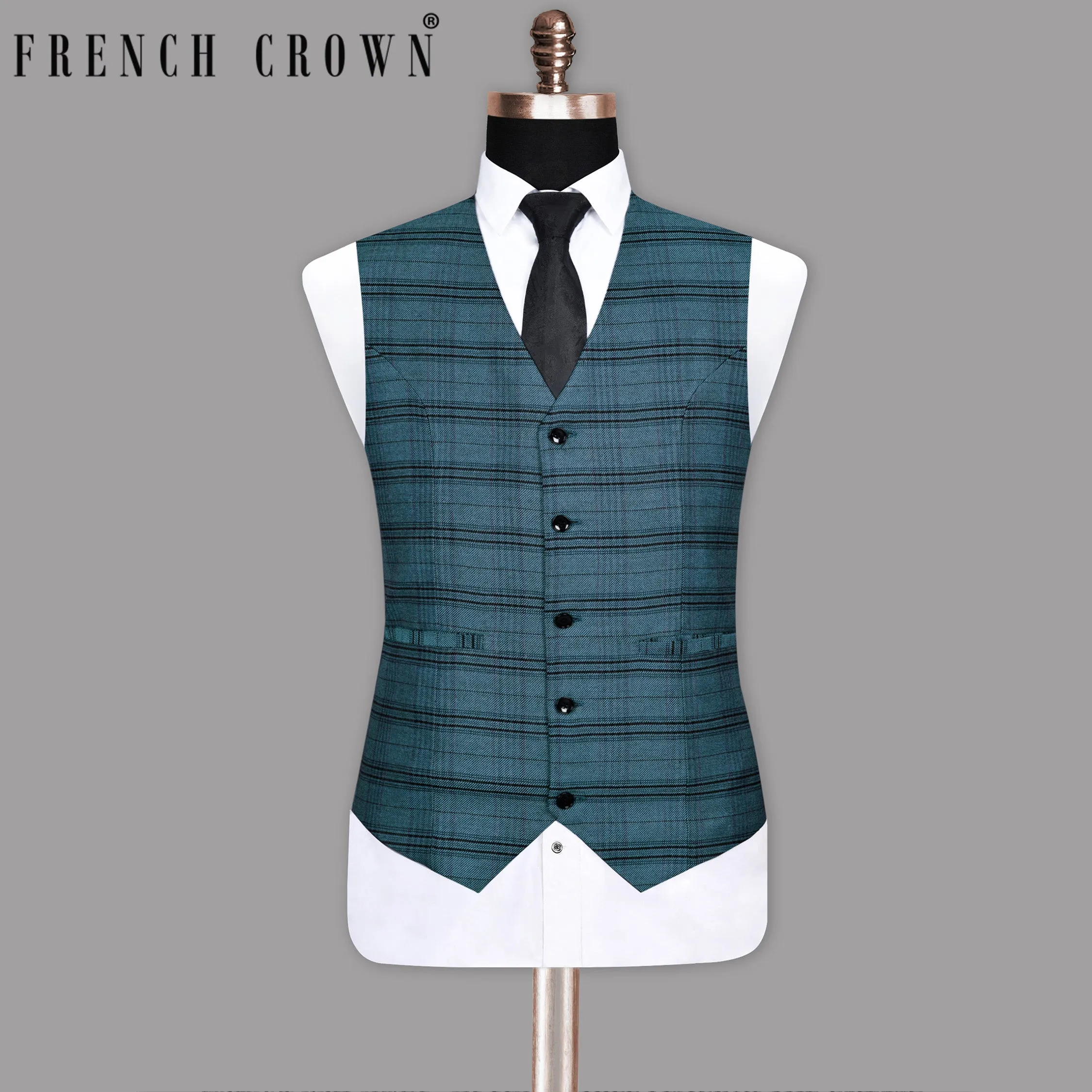 Steel Blue Plaid Twill Wool Blend Waistcoat sold by French Crown