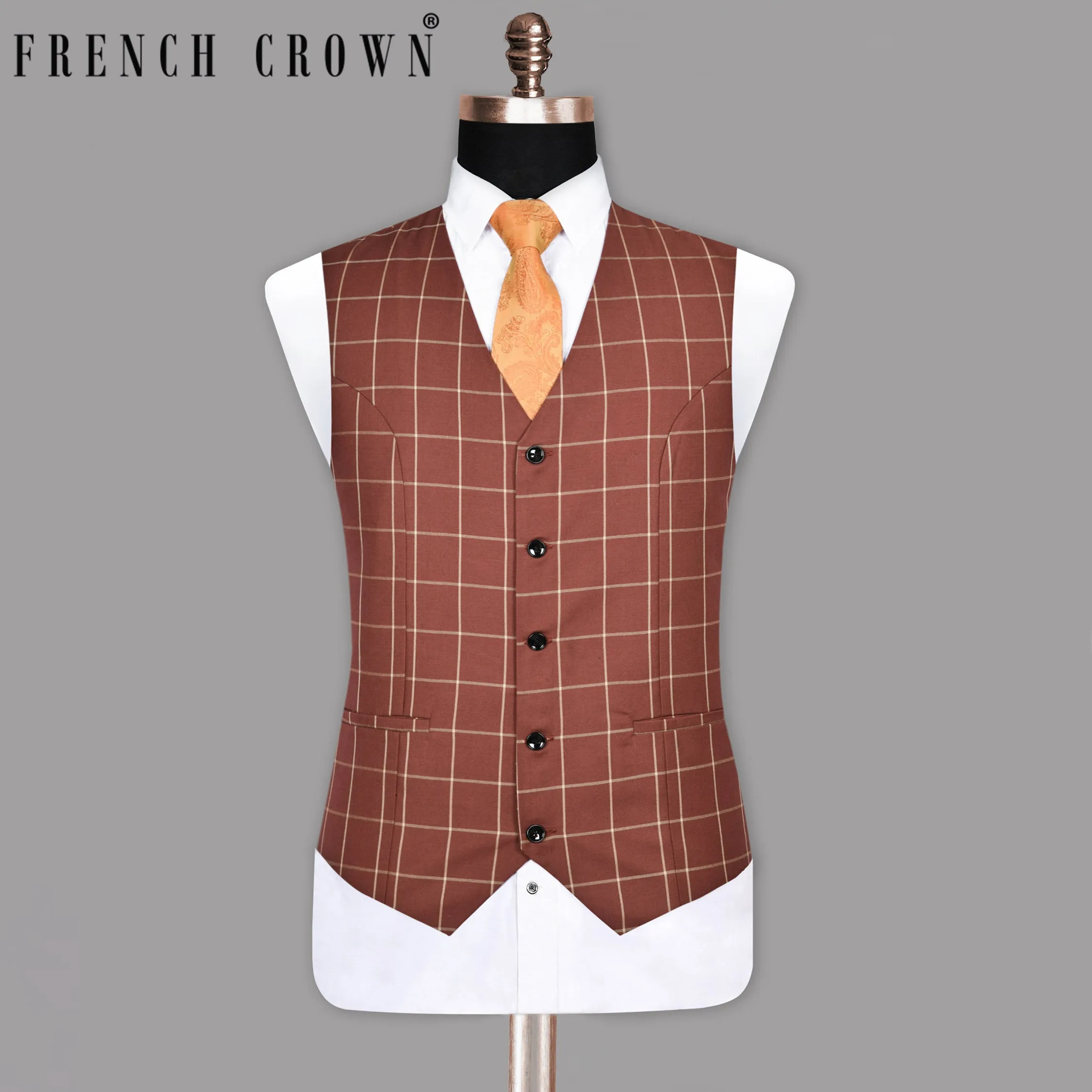 Rust Windowpane Wool Blend Waistcoat sold by French Crown