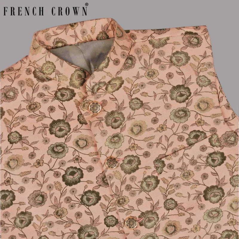 Olive with Cream and Pink Rose Jacquard Premium Designer Nehru Jacket sold by French Crown