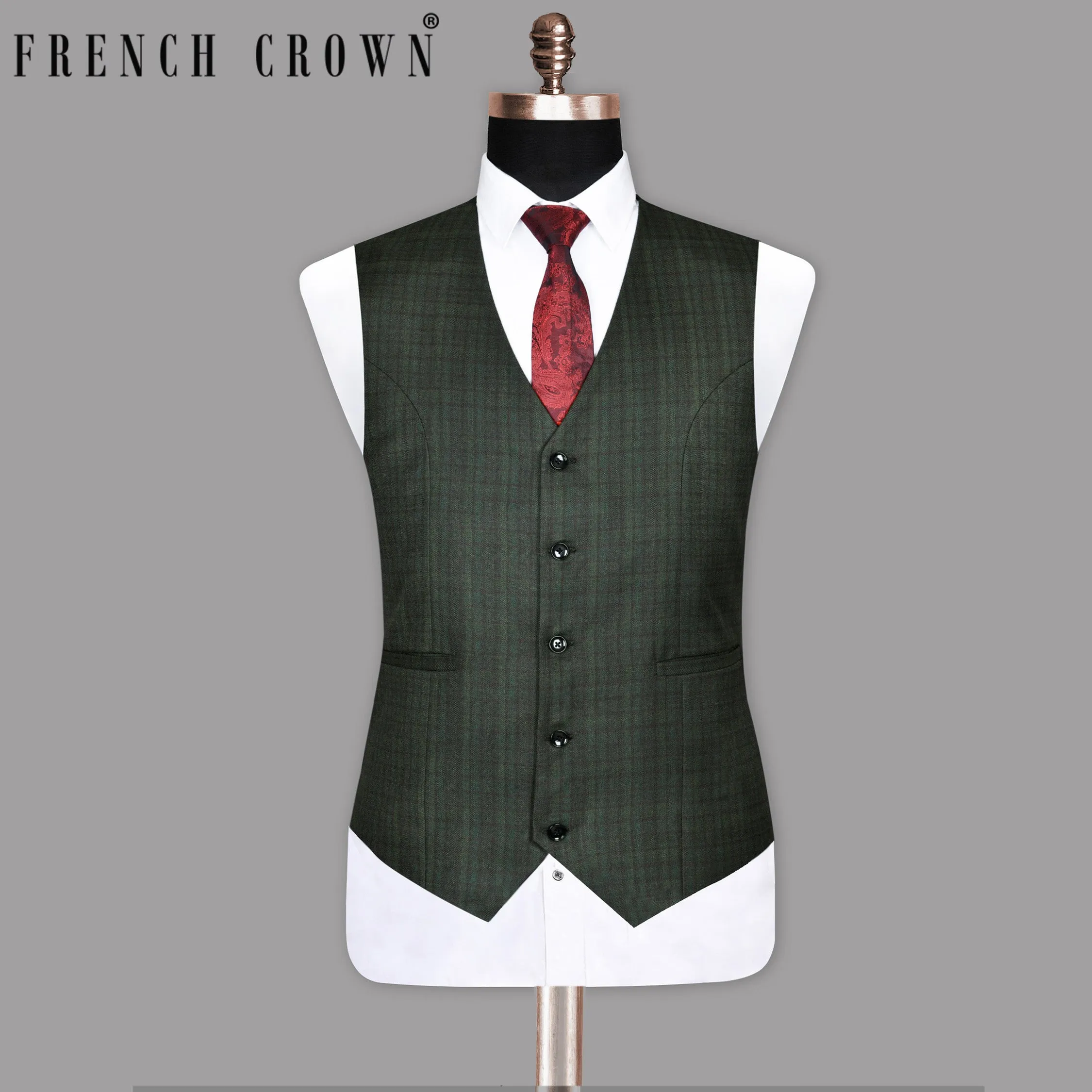 Emerald with Maroon Checked Wool Waistcoat sold by French Crown