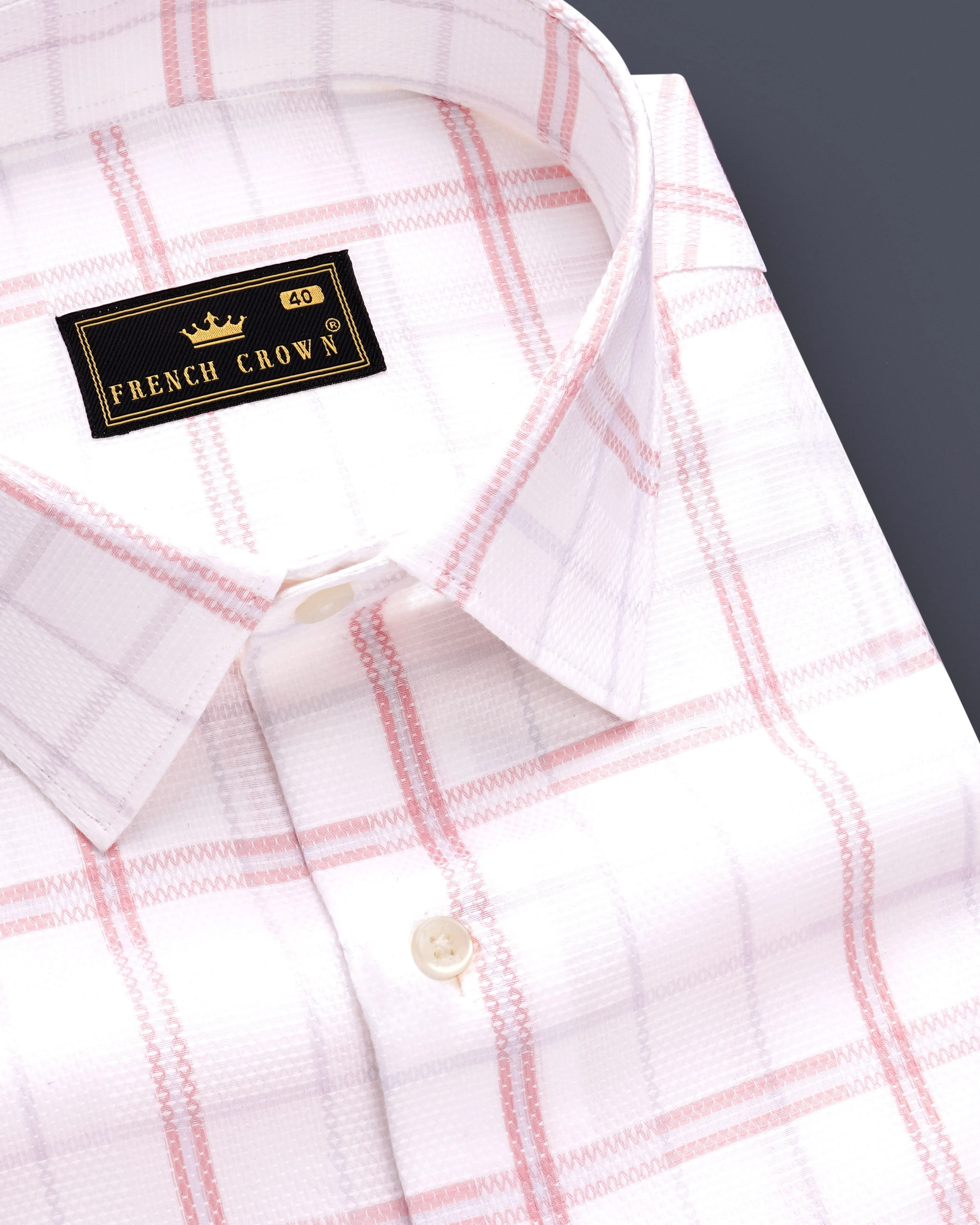 Rose-Azalea Pink And Bright White Plaid Dobby Textured Premium Giza Cotton Dress Shirt sold by French Crown