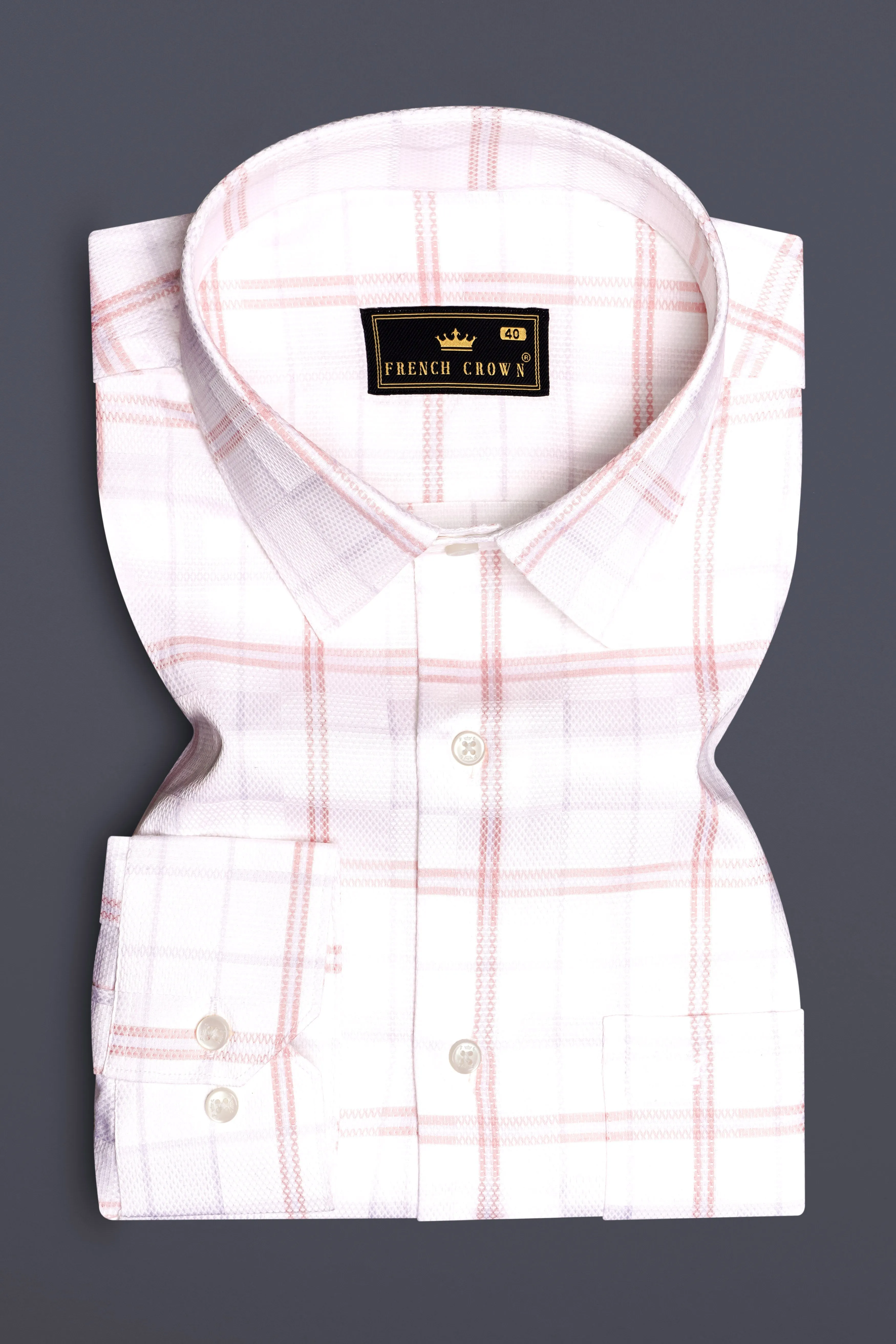 Rose-Azalea Pink And Bright White Plaid Dobby Textured Premium Giza Cotton Dress Shirt sold by French Crown product image thumbnail 4
