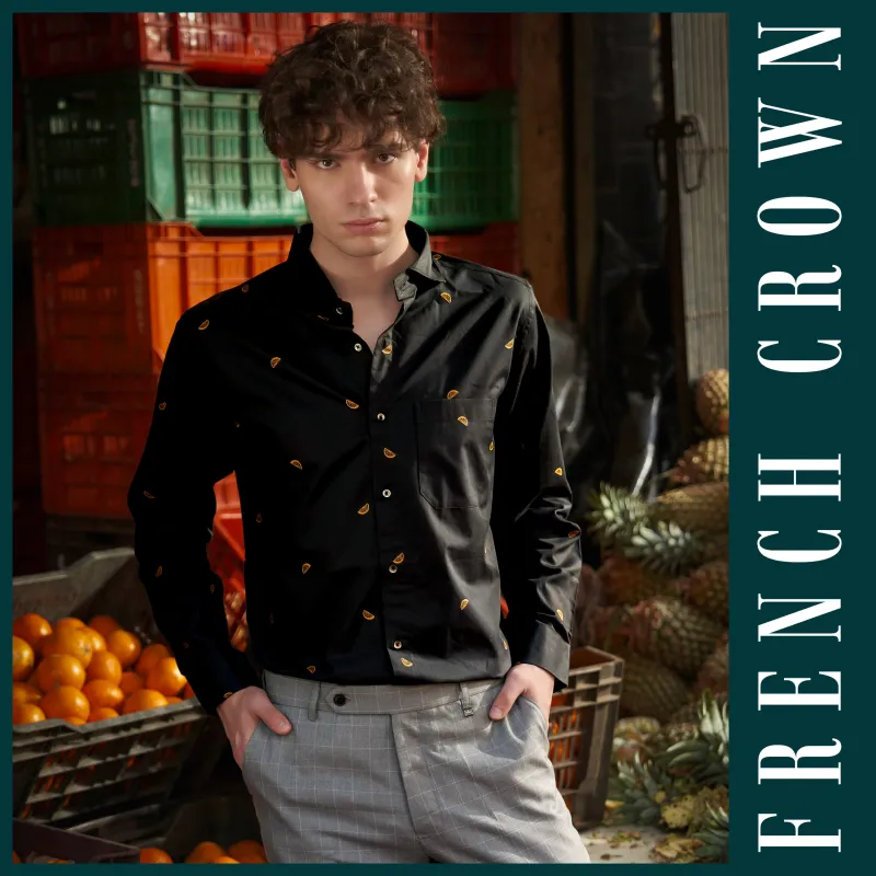 Citrus-Jade Black Orange Jacquard Textured Premium Cotton Dress Shirt sold by French Crown