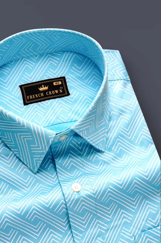 Horizon-Columbia Blue Brick Path Printed Subtle Sheen Super Soft Premium Cotton Semi Formal Shirt made by French Crown