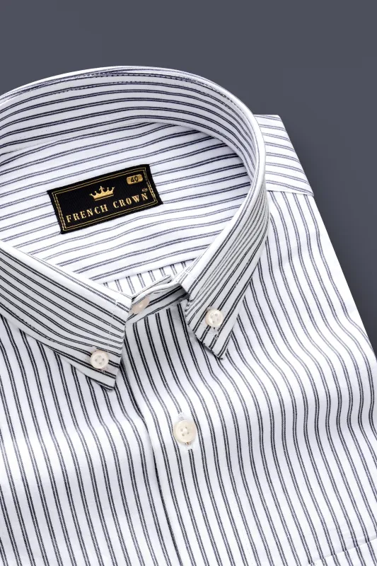 Moonlit-Bright White And Jade Black Striped Dobby Textured Premium Giza Cotton Dress Shirt sold by French Crown
