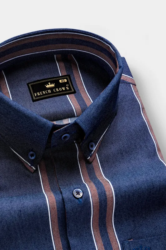 Celestial- Blue And Russett Brown Stripes Denim Premium Cotton Casual Shirt sold by French Crown