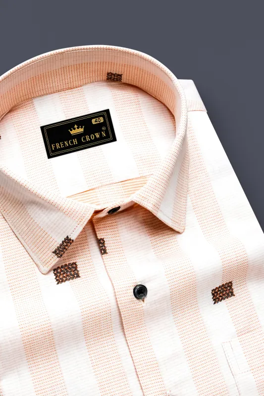Tangerine-Melon Peach And Bright White Striped Jacquard Textured Premium Cotton Dress Shirt sold by French Crown