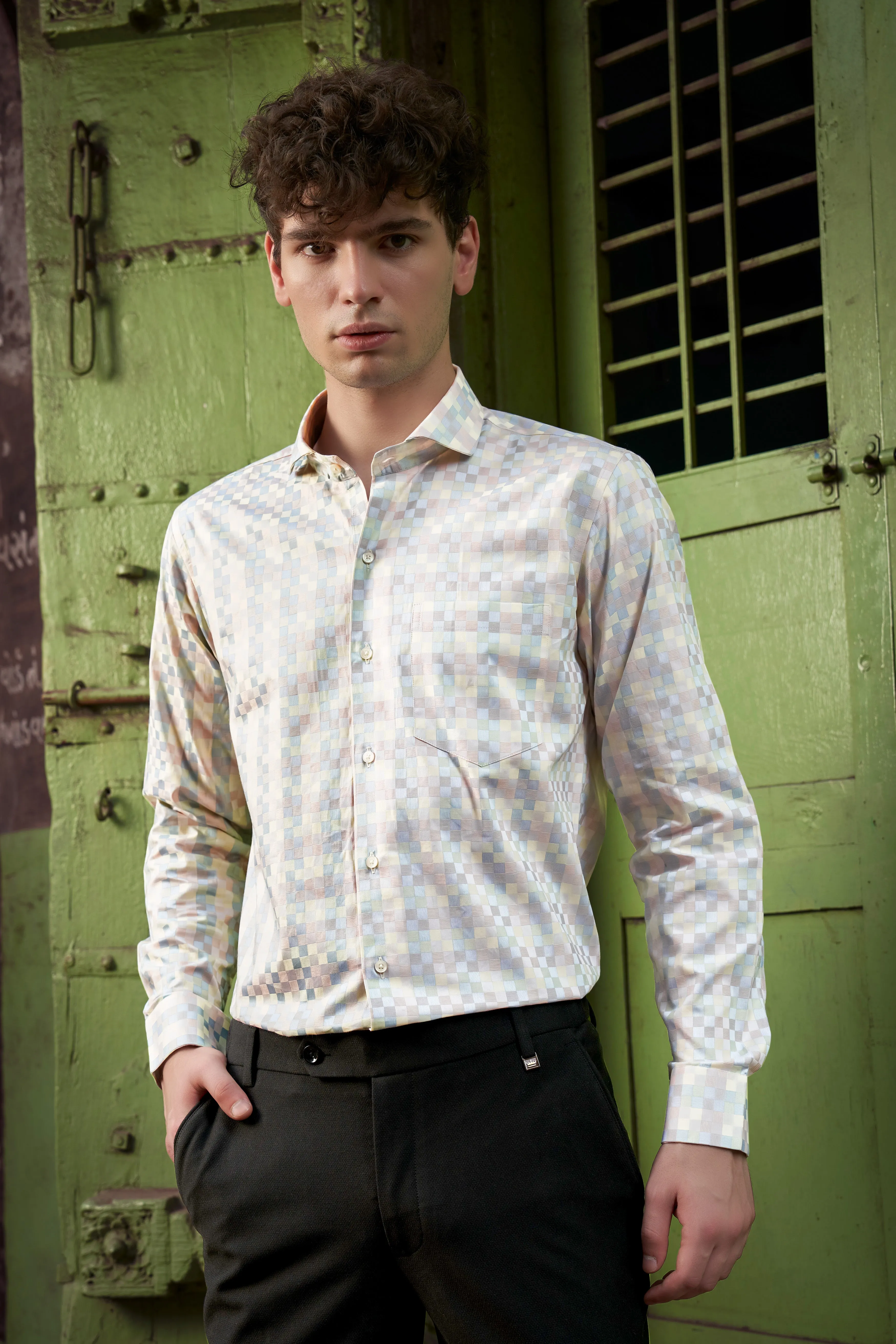 Twilight Pink And Cadet Blue Jacquard Textured Premium Cotton Dress Shirt sold by French Crown product image thumbnail 4