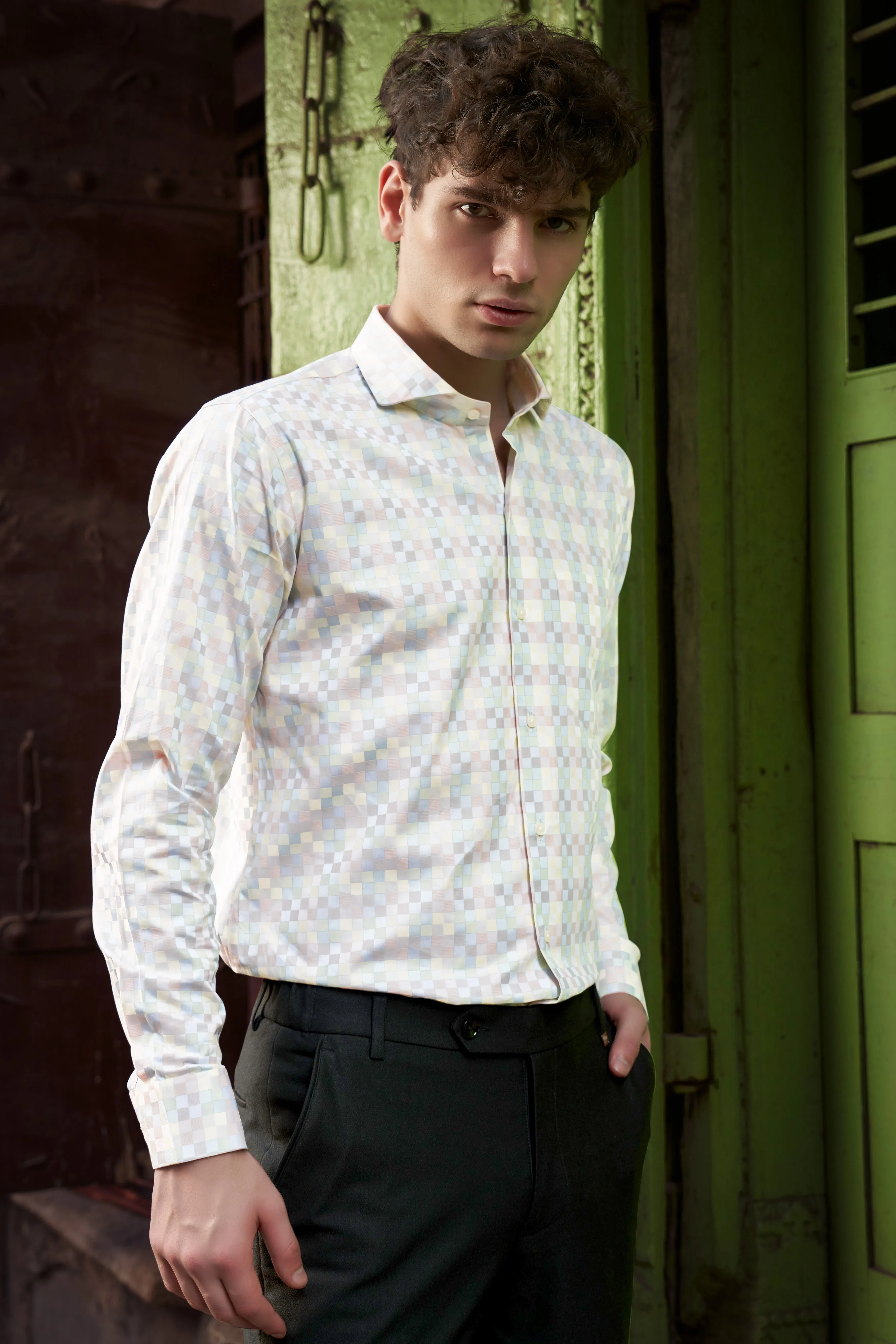 Twilight Pink And Cadet Blue Jacquard Textured Premium Cotton Dress Shirt sold by French Crown product image thumbnail 5