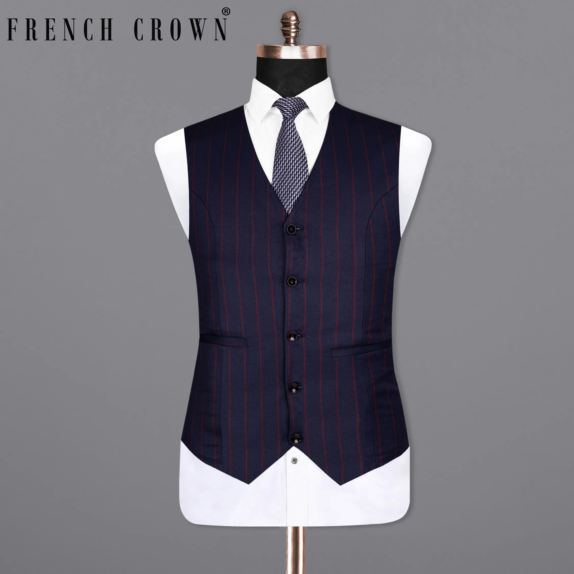 Midnight Express Blue Striped Wool Rich Waistcoat sold by French Crown