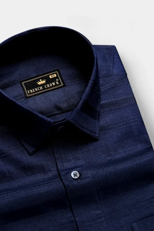 OceanMirage-Blue Stripes Dobby Textured Premium Giza Cotton Dress Shirt sold by French Crown
