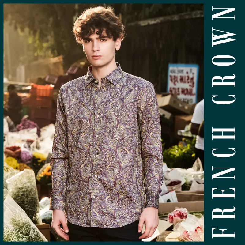 SiennaOrchid-Viola Purple And Desert Yellow Multi Color Paisley Printed Subtle Sheen Super Soft Premium Cotton Dress Shirt sold by French Crown