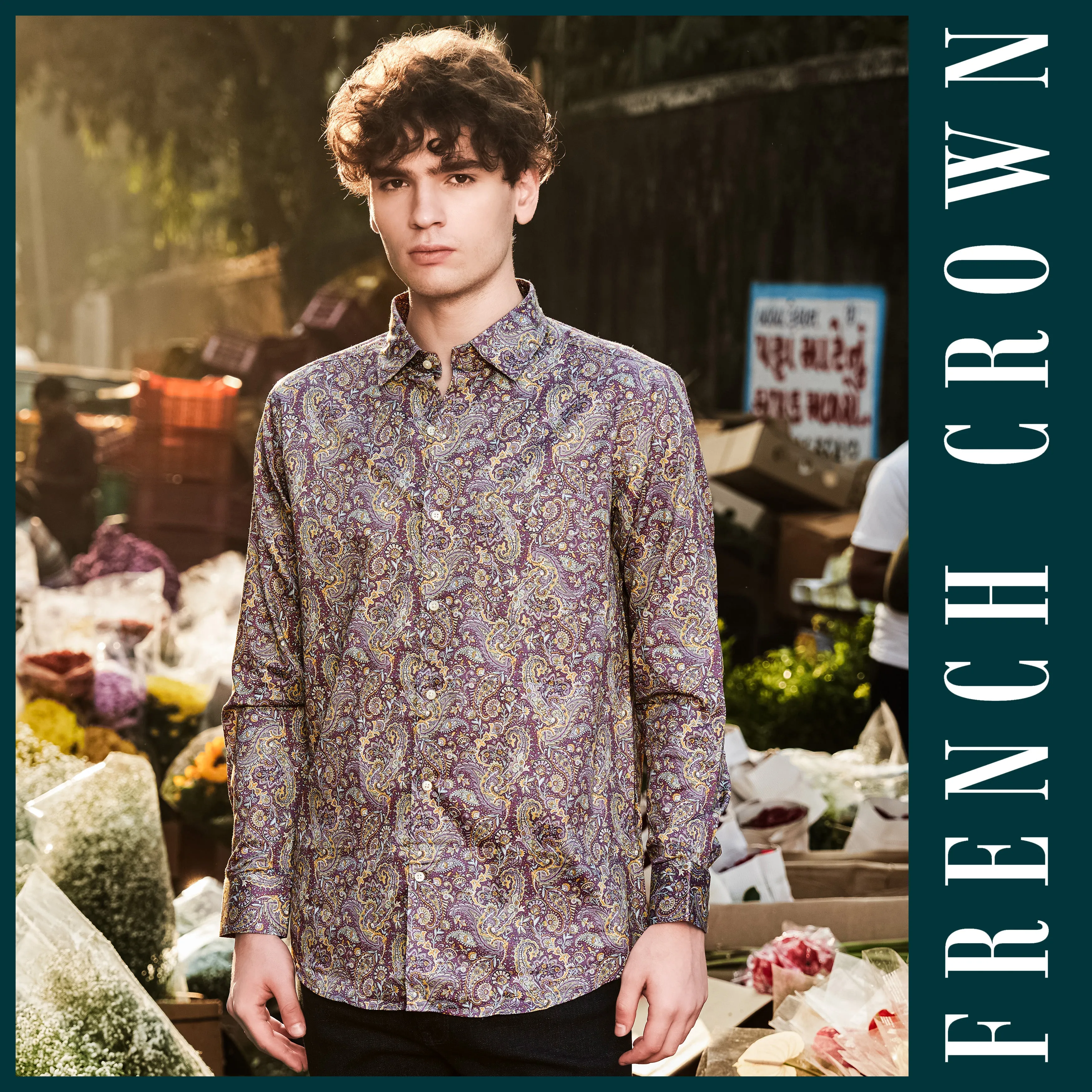 SiennaOrchid-Viola Purple And Desert Yellow Multi Color Paisley Printed Subtle Sheen Super Soft Premium Cotton Dress Shirt sold by French Crown