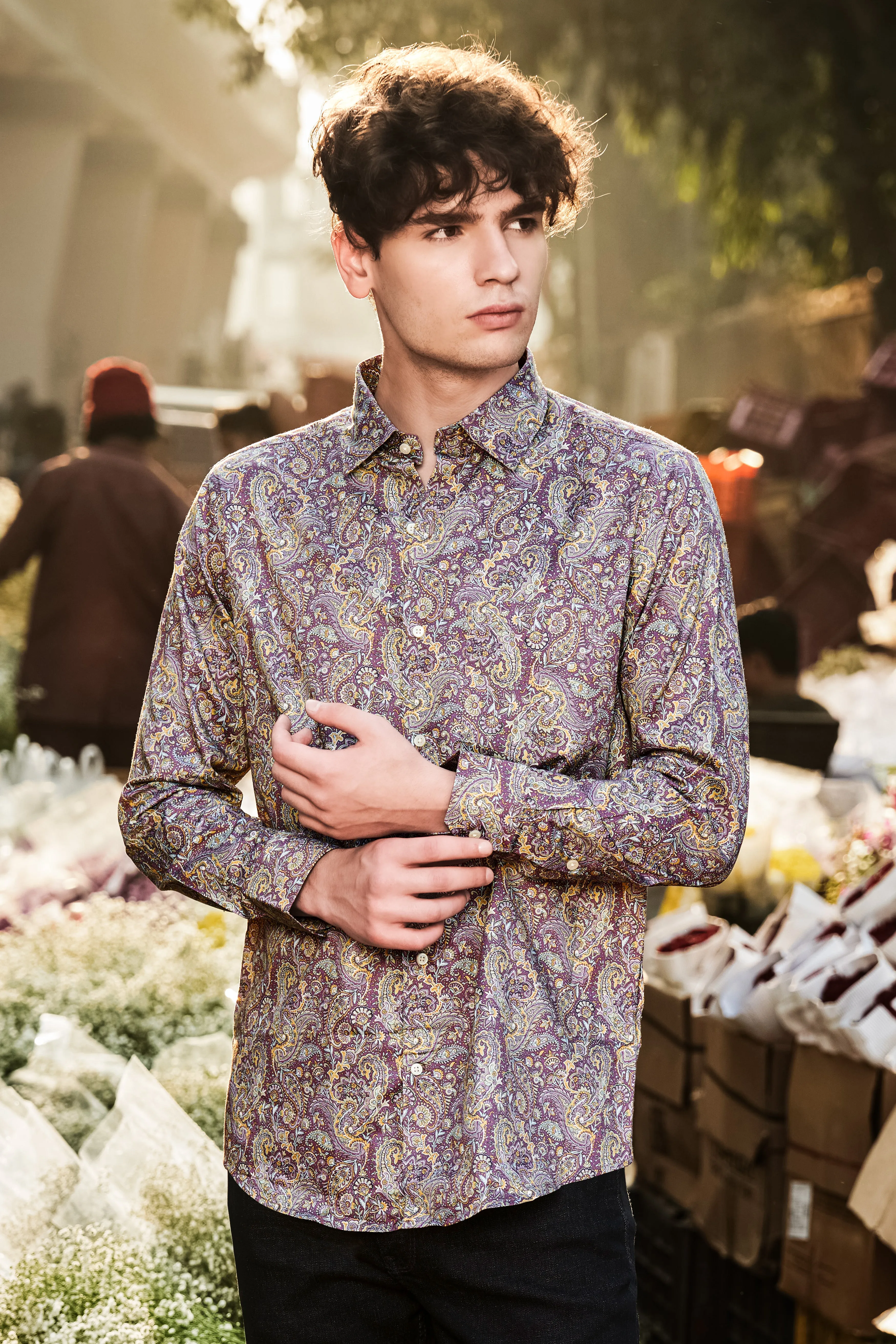 SiennaOrchid-Viola Purple And Desert Yellow Multi Color Paisley Printed Subtle Sheen Super Soft Premium Cotton Dress Shirt sold by French Crown product image thumbnail 2