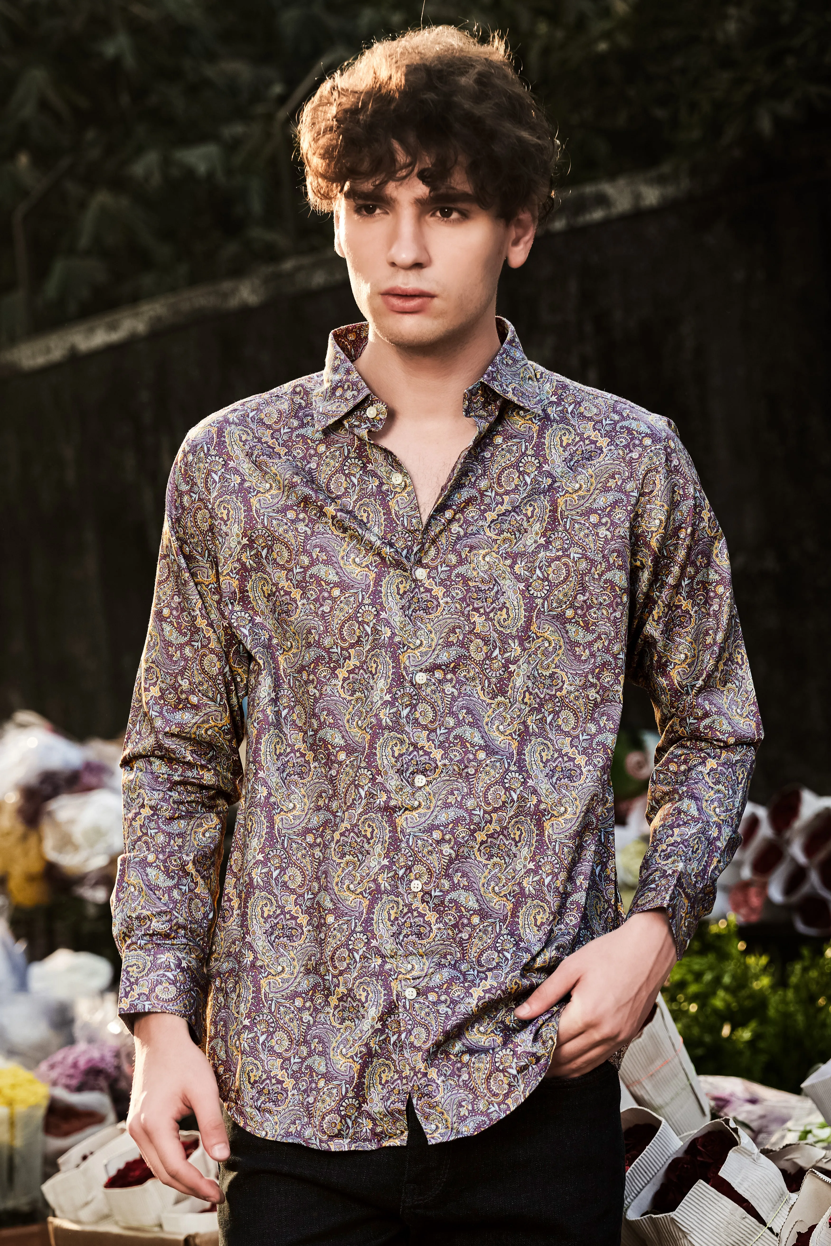 SiennaOrchid-Viola Purple And Desert Yellow Multi Color Paisley Printed Subtle Sheen Super Soft Premium Cotton Dress Shirt sold by French Crown product image thumbnail 5