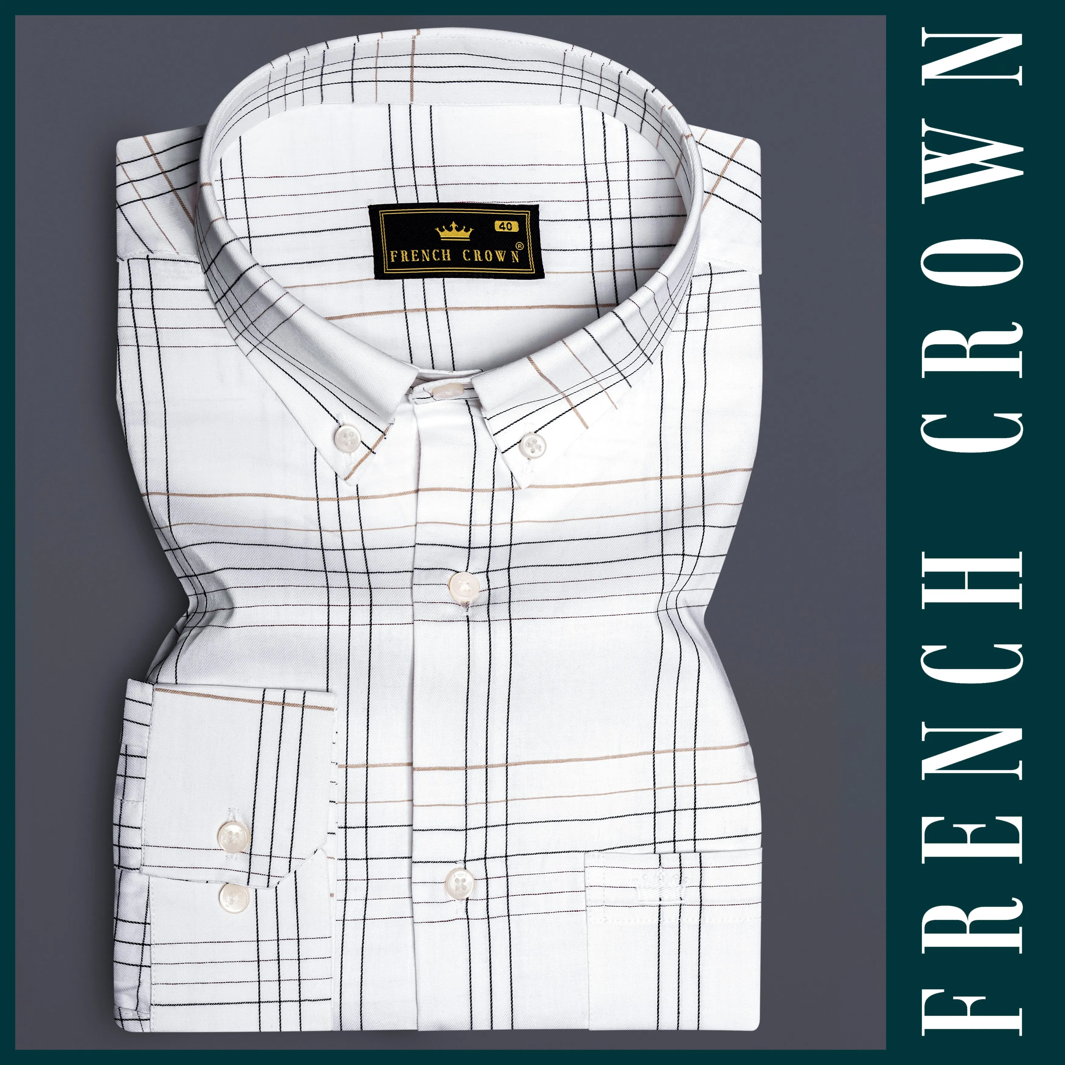 IvoryGrid-Bright White Checks Plaid Dobby Textured Premium Giza Cotton Dress Shirt sold by French Crown product image thumbnail 5