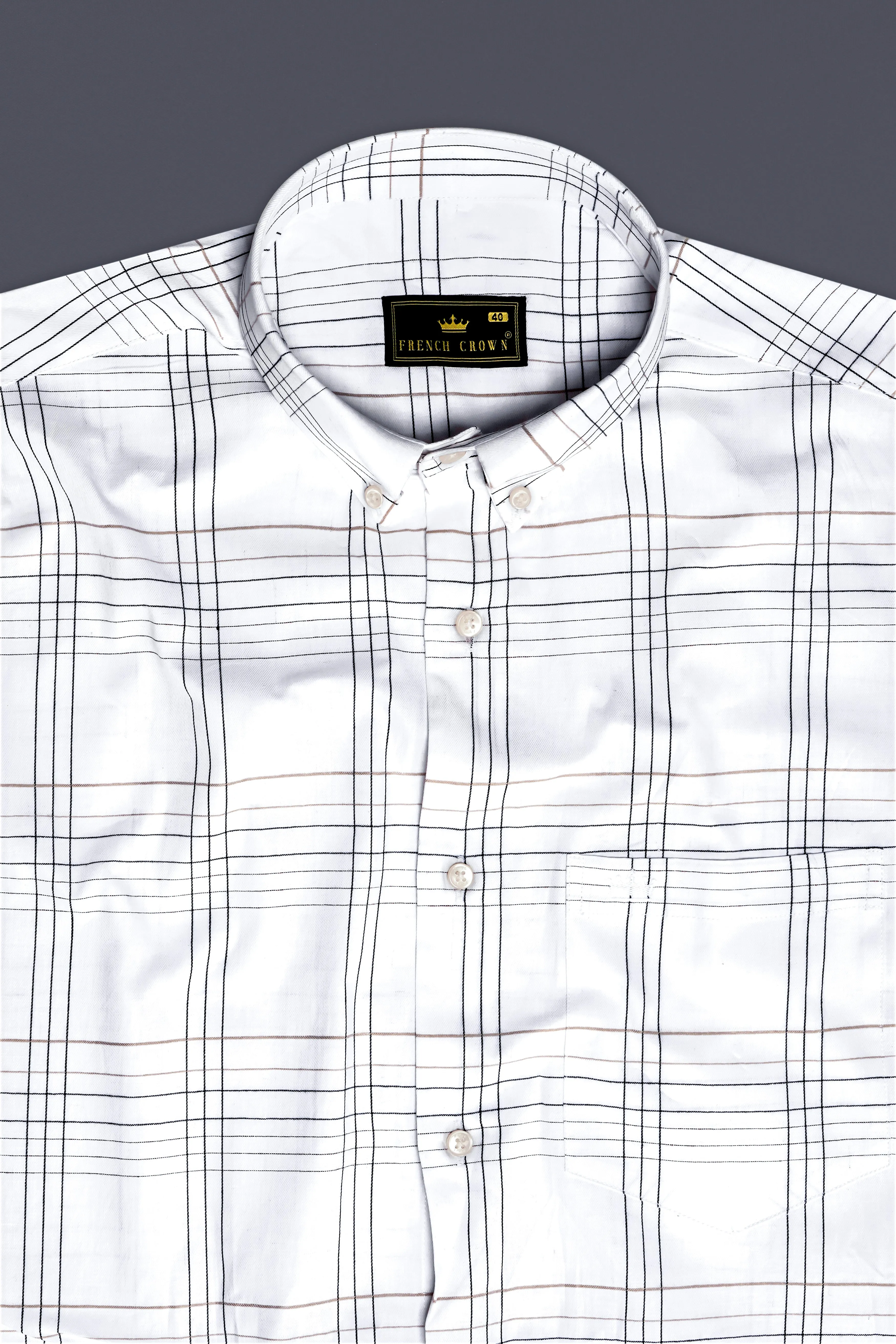 IvoryGrid-Bright White Checks Plaid Dobby Textured Premium Giza Cotton Dress Shirt sold by French Crown product image thumbnail 4