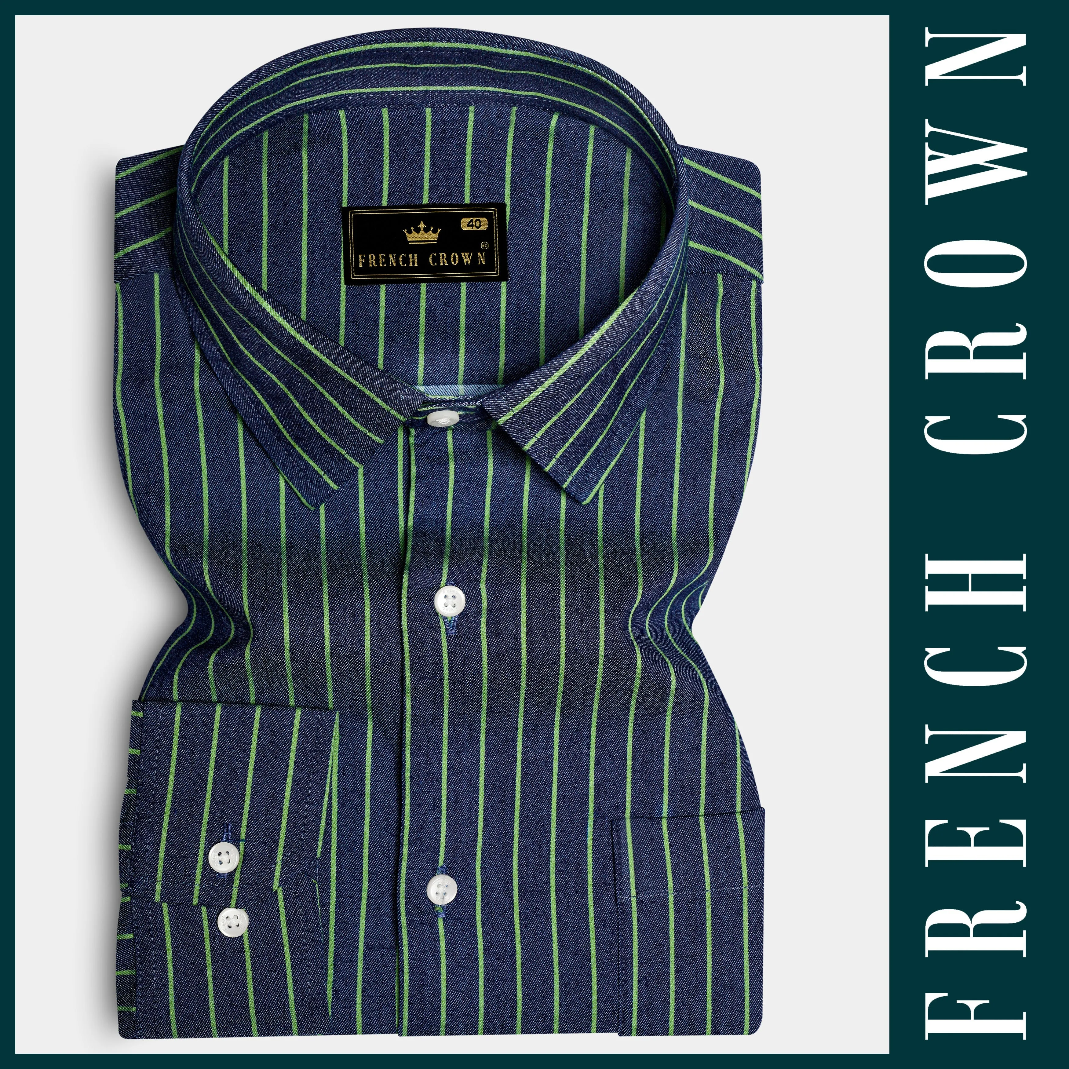 Nile Blue And Dingley Green Striped Premium Cotton Semi Dress Denim Shirt sold by French Crown product image thumbnail 5
