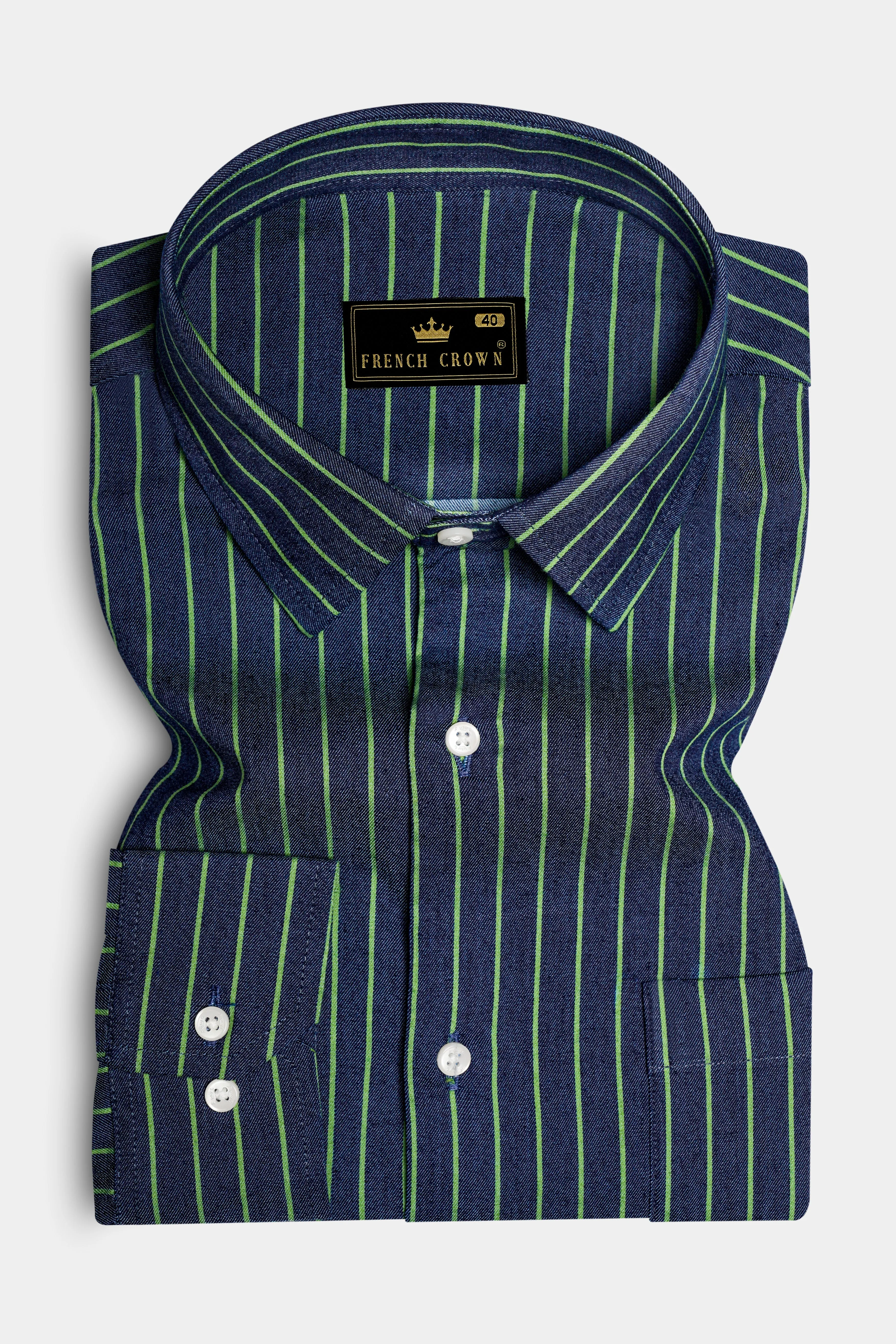 Nile Blue And Dingley Green Striped Premium Cotton Semi Dress Denim Shirt sold by French Crown product image thumbnail 3