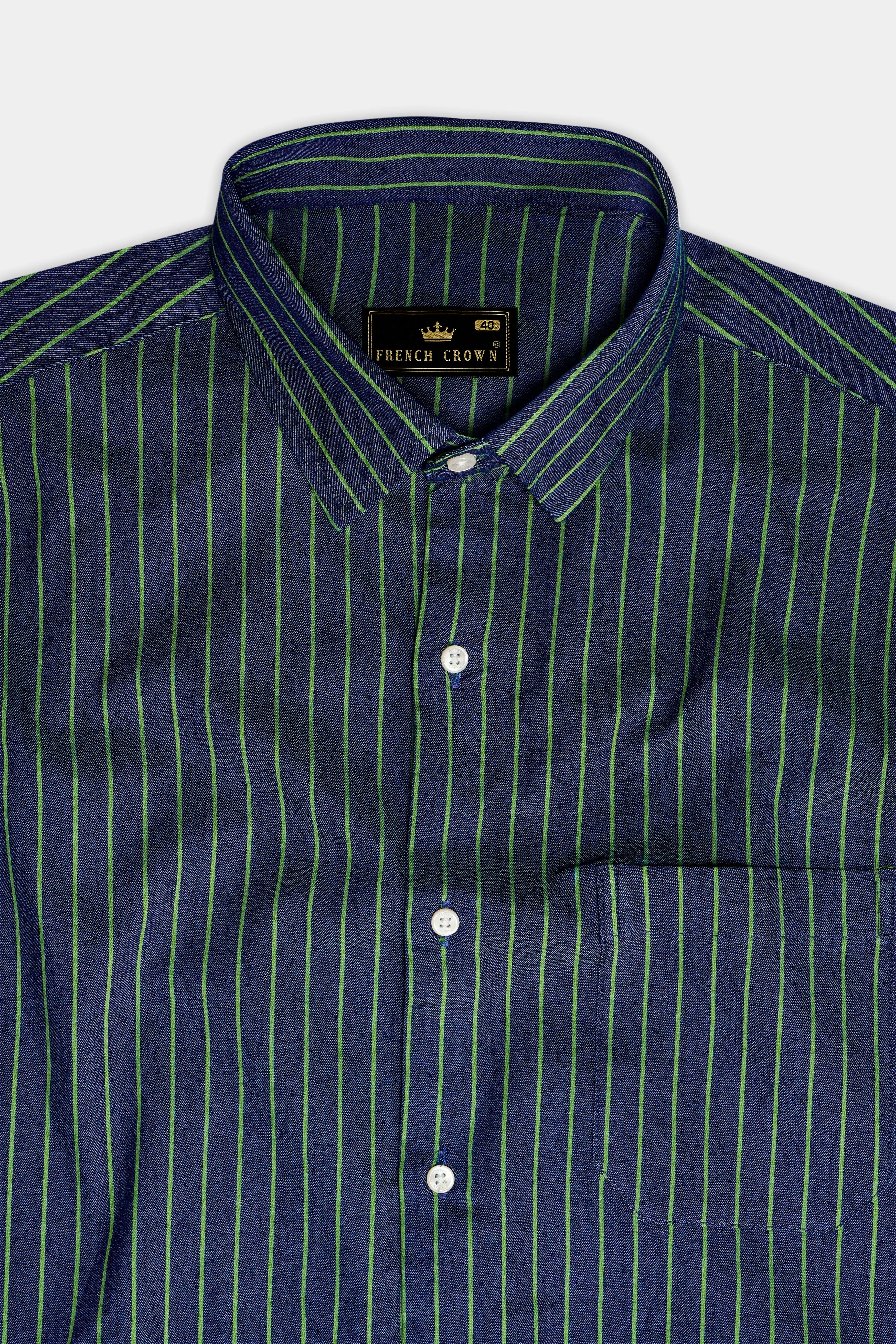 Nile Blue And Dingley Green Striped Premium Cotton Semi Dress Denim Shirt sold by French Crown product image thumbnail 4