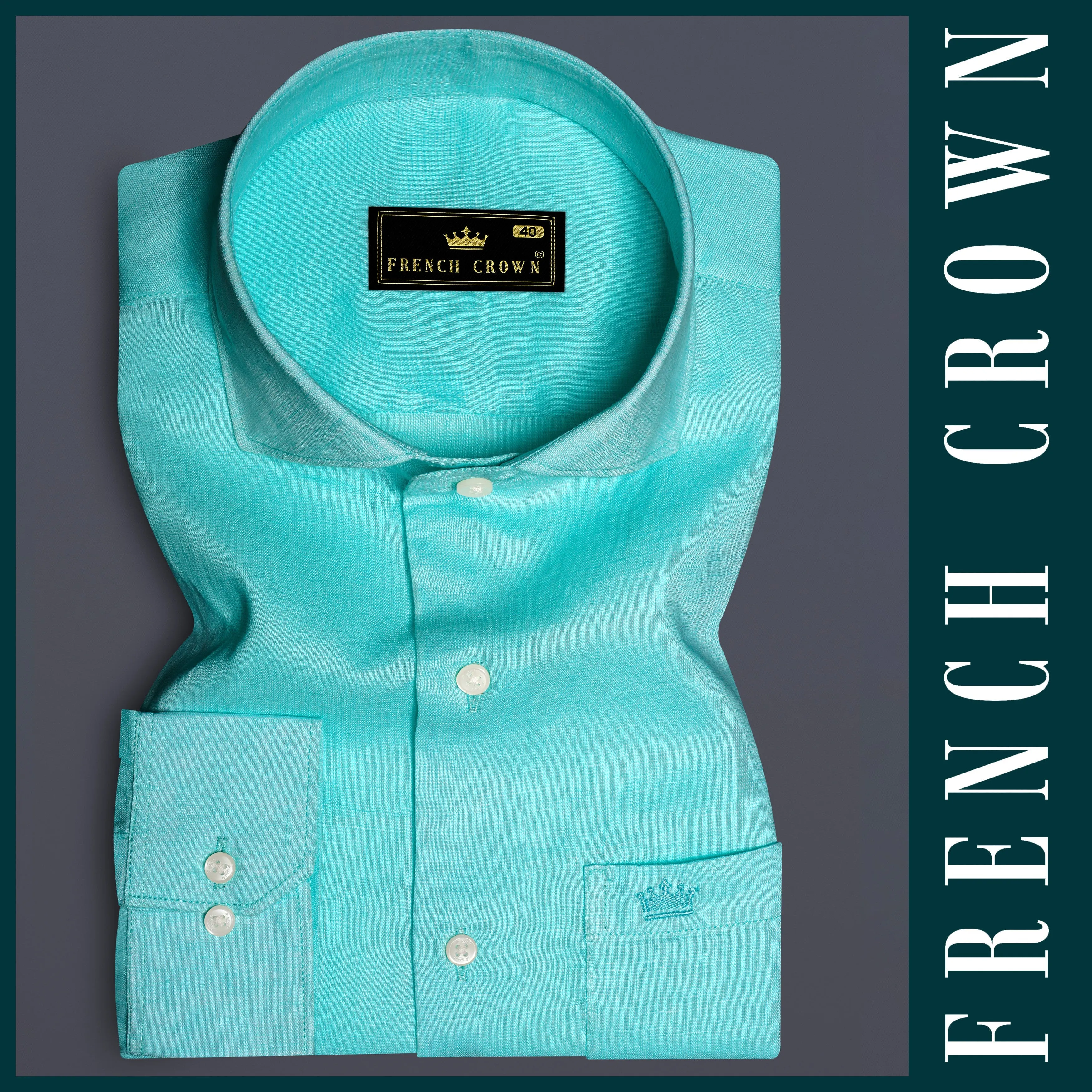 Cyan-Downy Blue Solid Luxurious Linen Dress Shirt sold by French Crown product image thumbnail 5