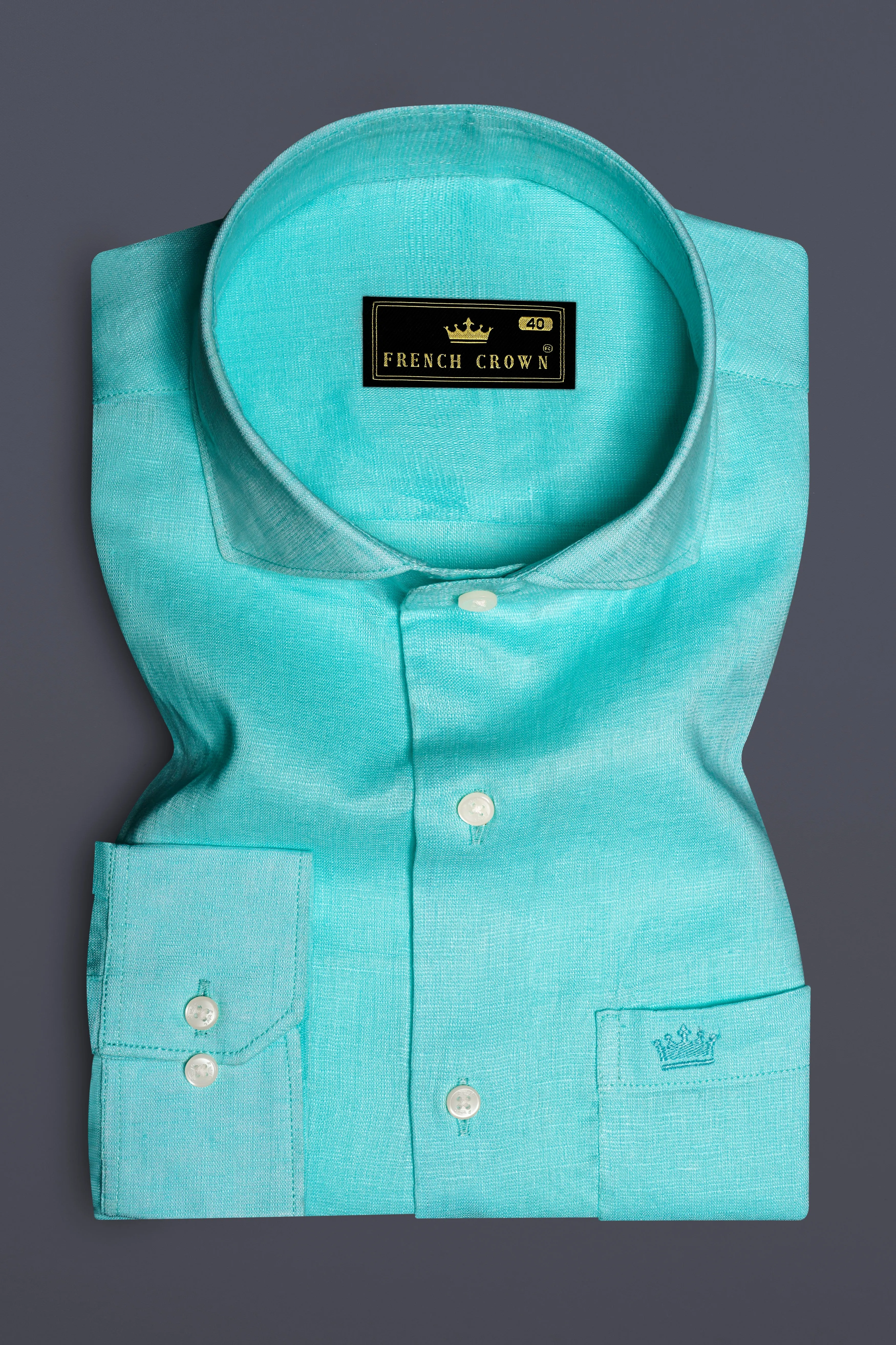 Cyan-Downy Blue Solid Luxurious Linen Dress Shirt sold by French Crown product image thumbnail 3