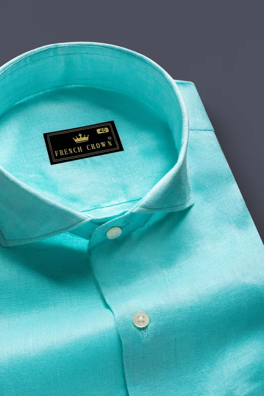 Cyan-Downy Blue Solid Luxurious Linen Dress Shirt sold by French Crown