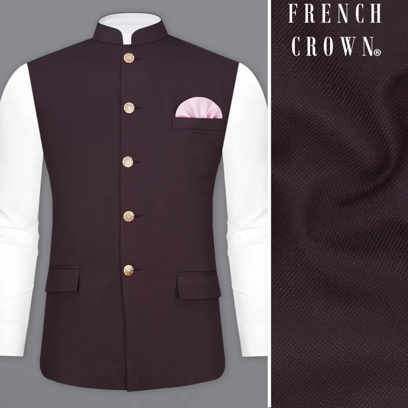 Aubergine Maroon Textured Nehru Jacket sold by French Crown