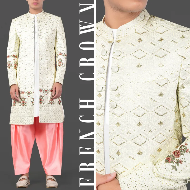 Porcelain Cream and Apricot Peach Multicolour Thread and Sequin Embroidered Indo-Western Sherwani sold by French Crown
